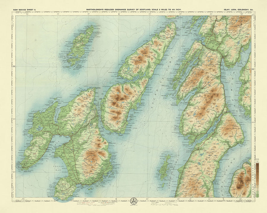 Antigua mapa OS de Islay, Jura y Colonsay por Bartholomew, 1901: Bowmore, Paps de Jura, Argyll, Sonido de Islay, Loch Indaal, Gruinart y Finlaggan 