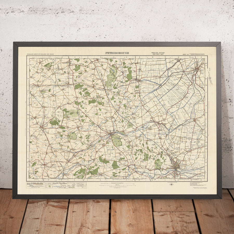 Mapa de Old Ordnance Survey, hoja 64 - Peterborough, 1925: Stamford, Oakley, Bourne, Spalding, Burghley House