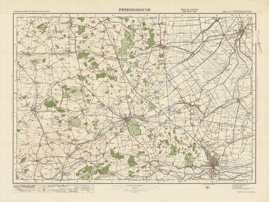 Mapa de Old Ordnance Survey, hoja 64 - Peterborough, 1925: Stamford, Oakley, Bourne, Spalding, Burghley House