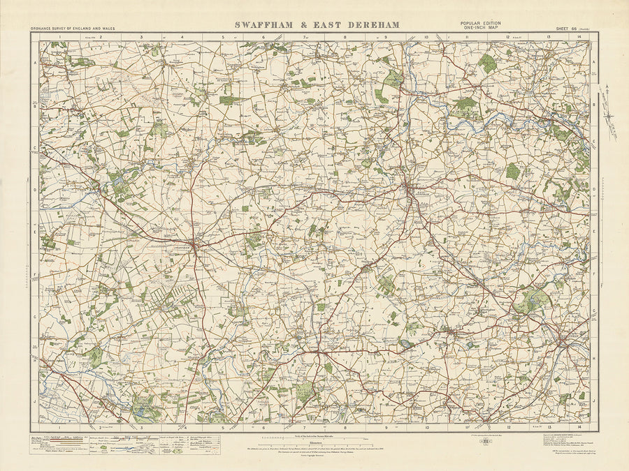 Carte Old Ordnance Survey, feuille 66 - Swaffam & East Dereham, 1925 : Watton, Wymondham, Attleborough, Reepham, Oxburgh Estate