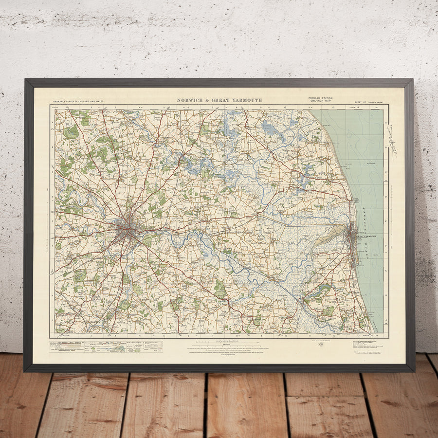 Carte Old Ordnance Survey, feuille 67 - Norwich et Great Yarmouth, 1925 : Caister-on-Sea, Hethersett, Loddon, Acle, The Broads