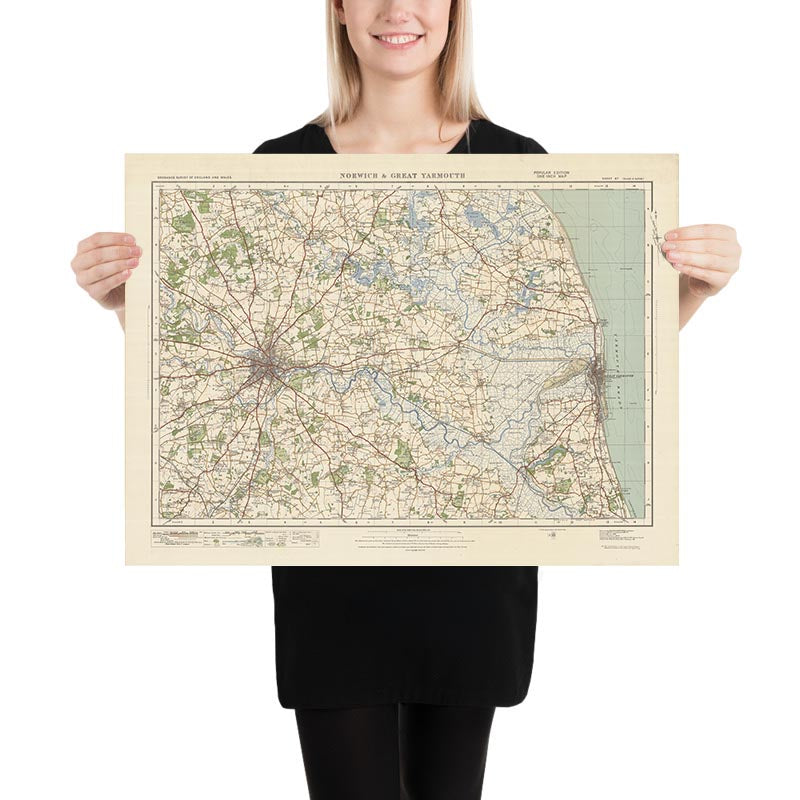 Carte Old Ordnance Survey, feuille 67 - Norwich et Great Yarmouth, 1925 : Caister-on-Sea, Hethersett, Loddon, Acle, The Broads