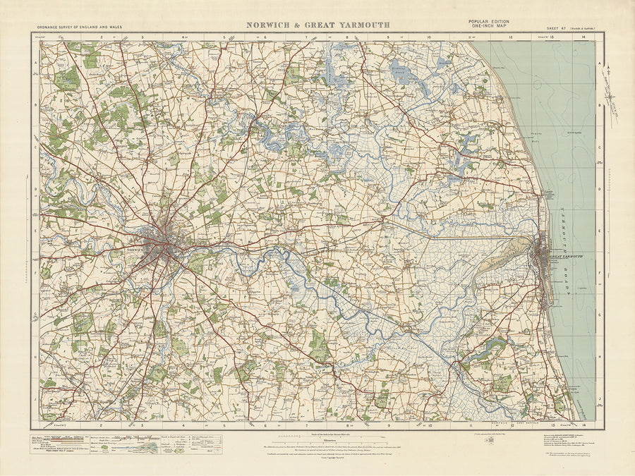 Carte Old Ordnance Survey, feuille 67 - Norwich et Great Yarmouth, 1925 : Caister-on-Sea, Hethersett, Loddon, Acle, The Broads
