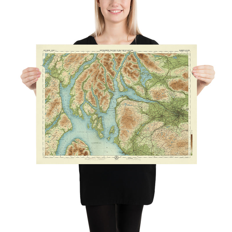 Antigua mapa OS de Glasgow y Clyde por Bartholomew, 1901: Loch Lomond, Firth of Clyde, Alpes de Arrochar, Trossachs, Castillo de Dumbarton 