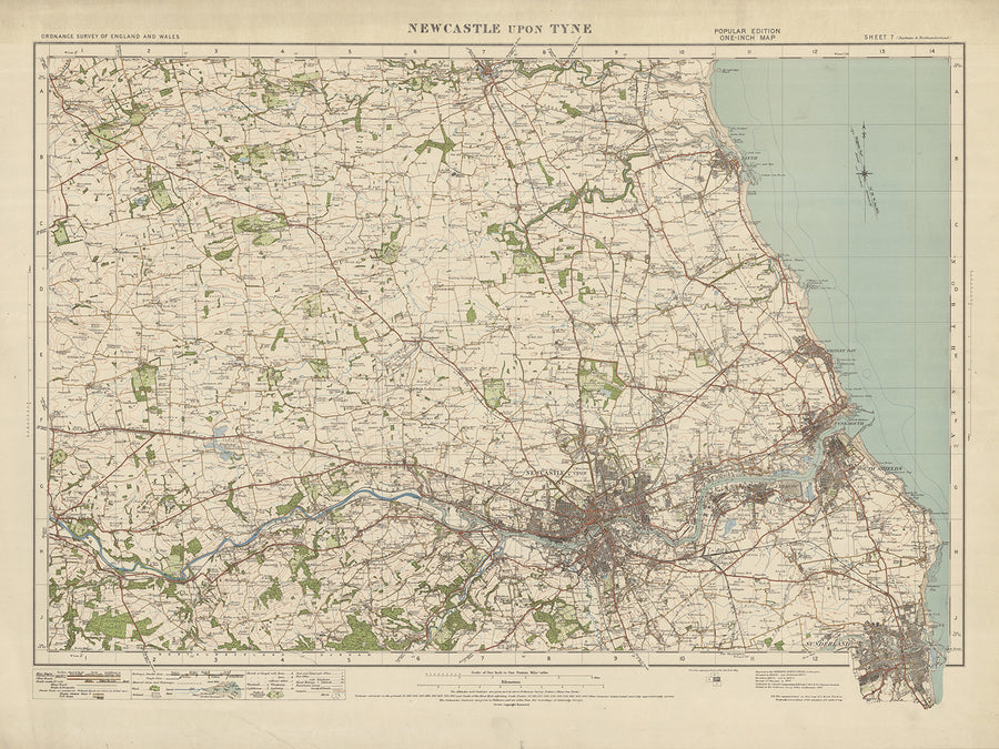 Mapa antiguo de la Oficina de Ordenación, Hoja 7 - Newcastle Upon Tyne, 1919-1926: Gateshead, Whitley Bay, Blaydon, Cramlington, Río Tyne, Muro de Adriano 