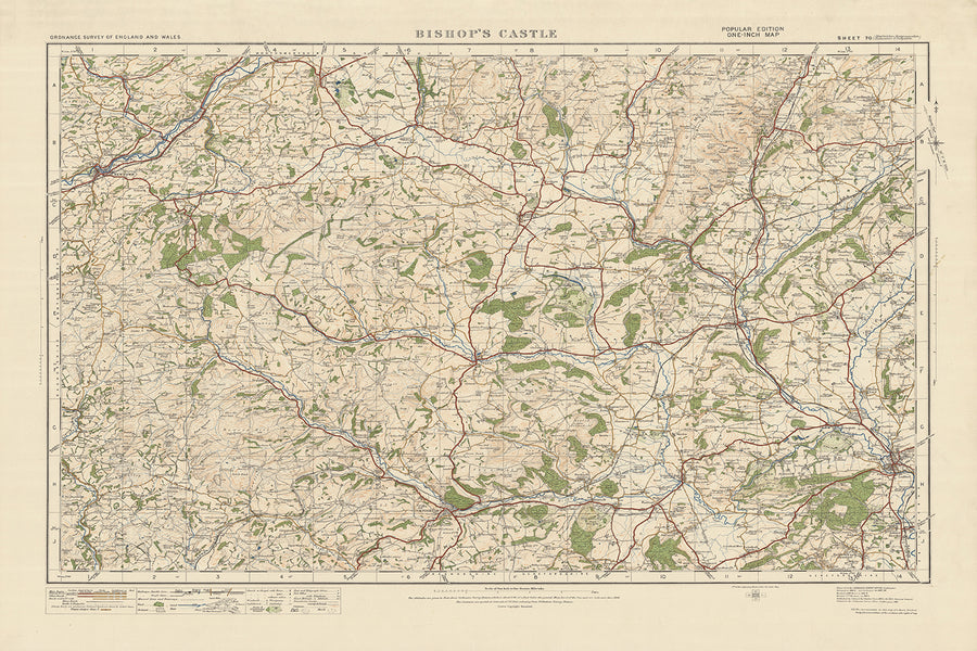 Alter Ordnance Survey Karte, Blatt 70 - Bishops Castle, 1925: Newtown, Knighton, Clun, Ludlow, Shropshire Hills AONB 