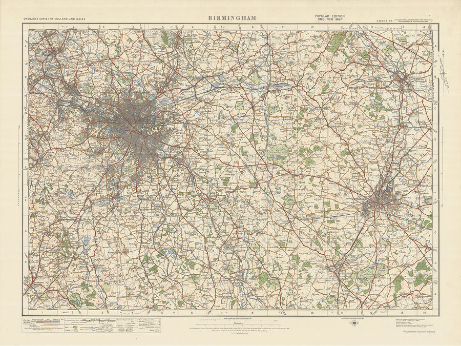 Alte Ordnance Survey-Karte, Blatt 72 - Birmingham, 1925: Coventry, Nuneaton, Solihull, Kenilworth, West Bromwich 