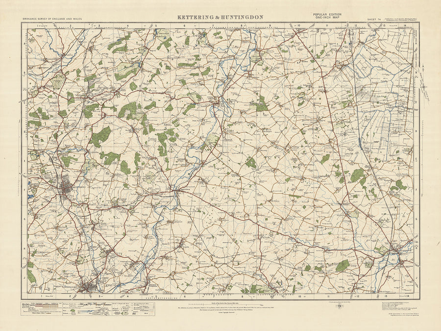 Alte Ordnance Survey Karte, Blatt 74 - Kettering & Huntingdon, 1925: Corby, Oundle, Wellingborough, Huntingdon, Yaxley 