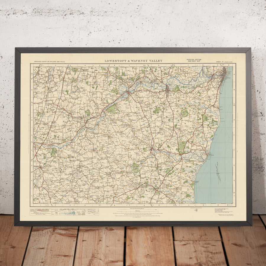 Mapa de Old Ordnance Survey, hoja 77 - Lowestoft y Waveney Valley, 1925: Beccles, Bungay, Southwold, Halesworth, Suffolk Coast y Heaths AONB