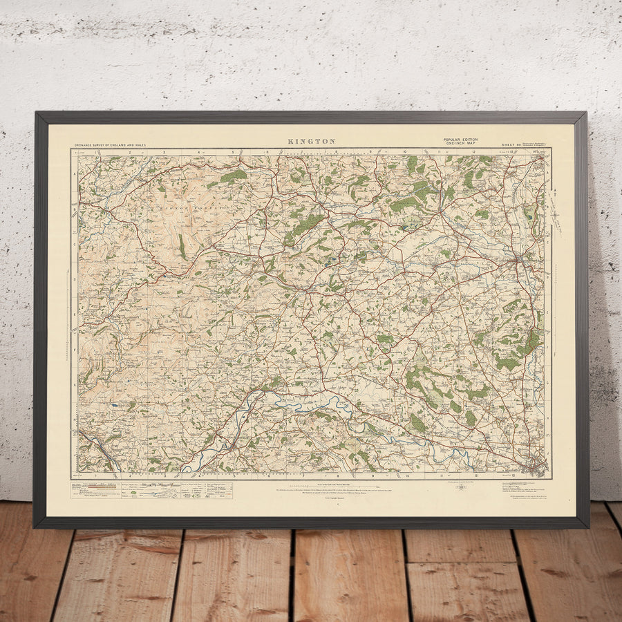 Mapa de estudio de artillería antigua, hoja 80 - Kington, 1925: Leominster, Hereford, Presteigne, Hay-on-Wye, New Radnor