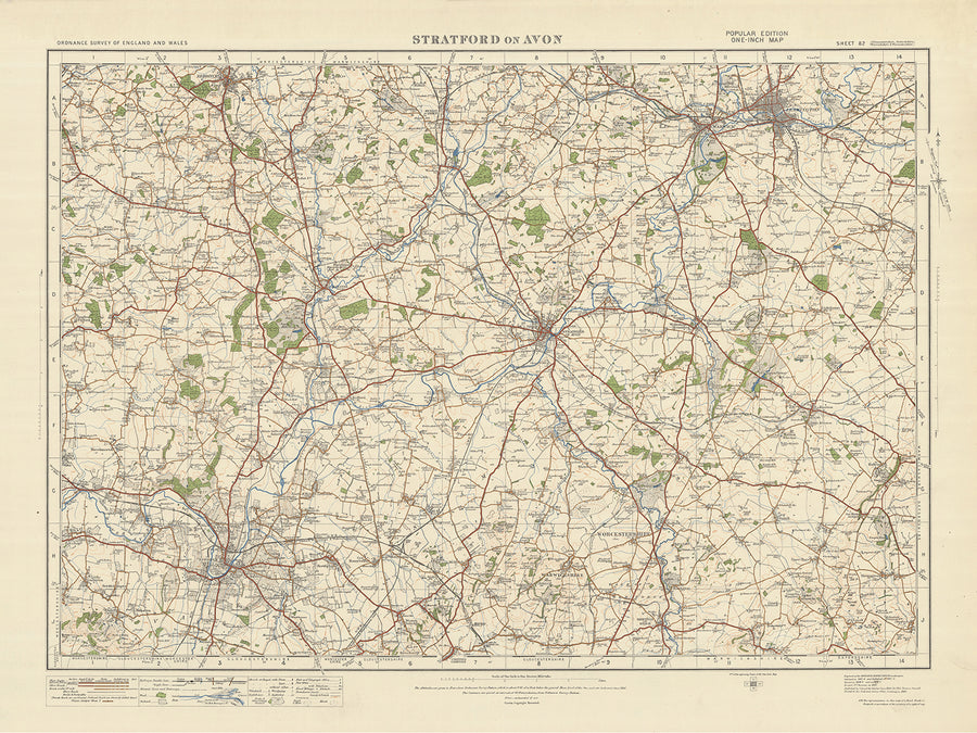 Alter Ordnance Survey Karte, Blatt 82 - Stratford on Avon, 1925: Warwick, Royal Leamington Spa, Redditch, Evesham, Alcester 