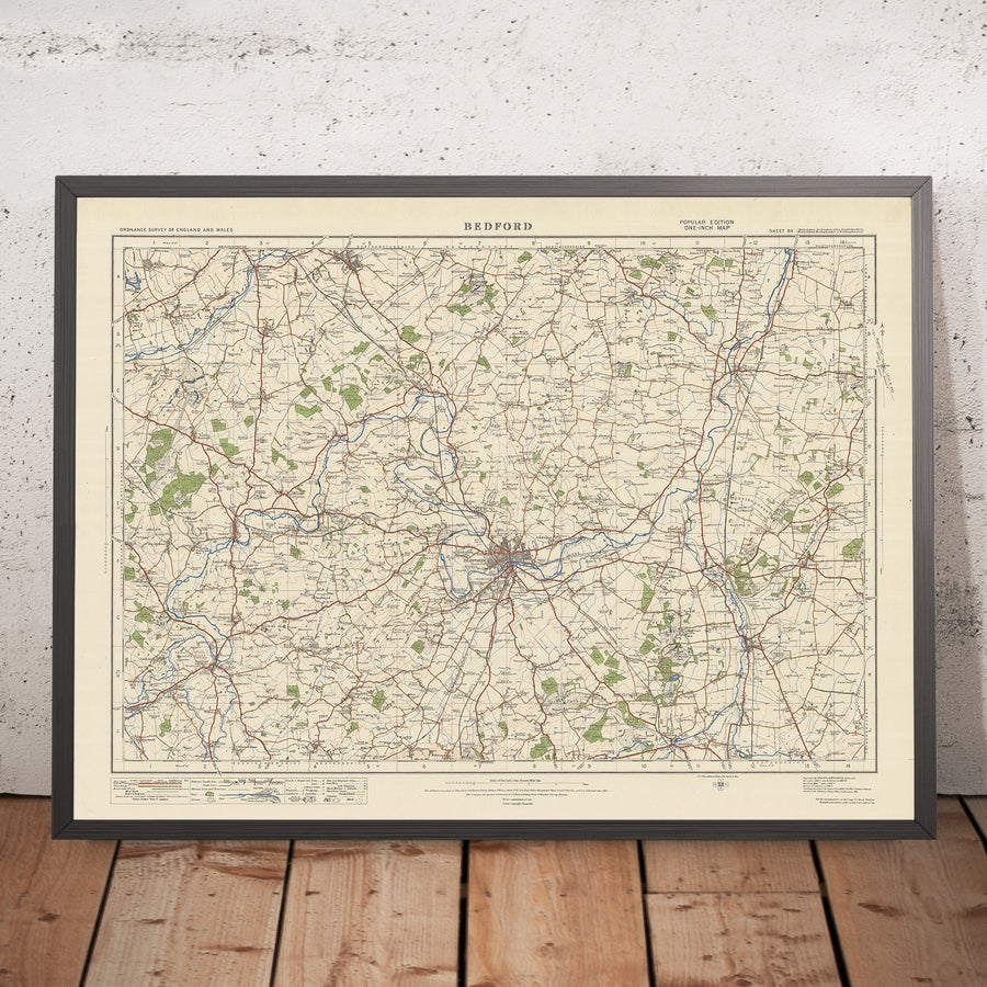 Mapa de Old Ordnance Survey, hoja 84 - Bedford, 1925: St Neots, Biggleswade, Sandy, Newport Pagnell, Rushden