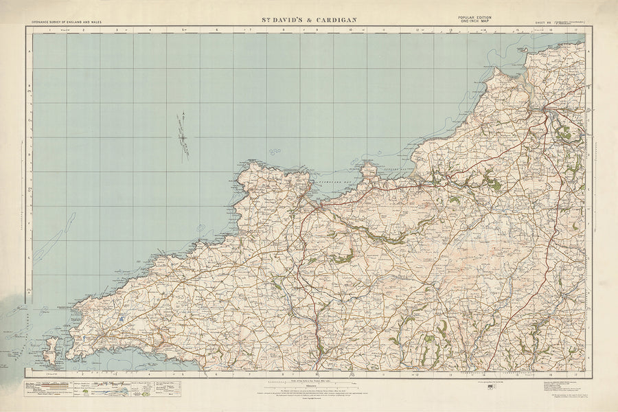 Carte Old Ordnance Survey, feuille 88 - St. Davids & Cardigan, 1925 : Fishguard, Newport, Letterston, l&