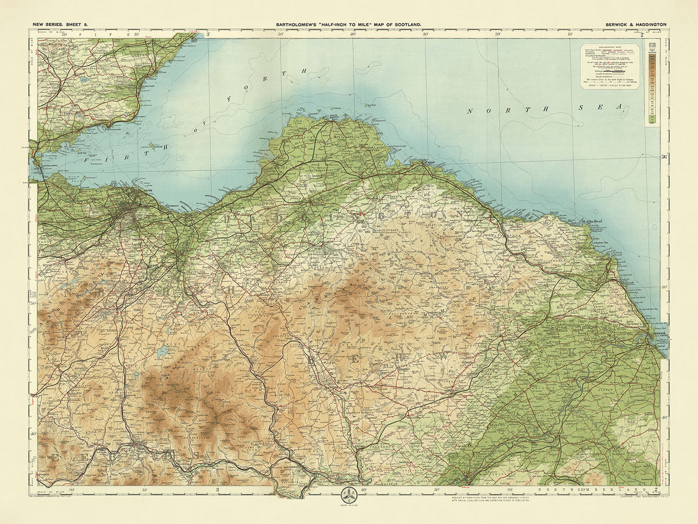 Alte OS-Karte von Berwick-upon-Tweed, Northumberland von Bartholomew, 1901: Fluss Tweed, Lammermuir Hills, Bass Rock, St Abb's Head, Dunbar Castle, Eisenbahnen