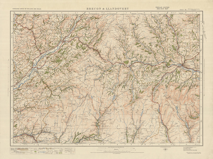 Old Ordnance Survey Map, Sheet 90 - Brecon & Llandovery, 1925: Llangadog, Llanwrda, Glanaman, National Showcaves Centre for Wales, Bannau Brycheiniog National Park
