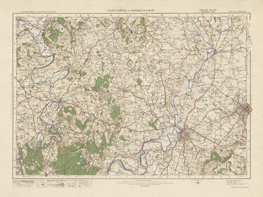 Alte Ordnance Survey-Karte, Blatt 92 - Gloucester & Forest of Dean, 1925: Cheltenham, Ledbury, Ross-on-Wye, Tewkesbury, Wye Valley AONB 