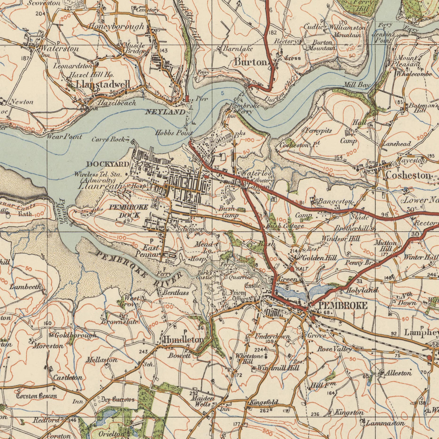 Old Ordnance Survey Map, Sheet 99 - Pembroke & Tenby, 1925: Neyland, Milford Haven, Haverfordwest, Narberth, Pembrokshire Coast National Park