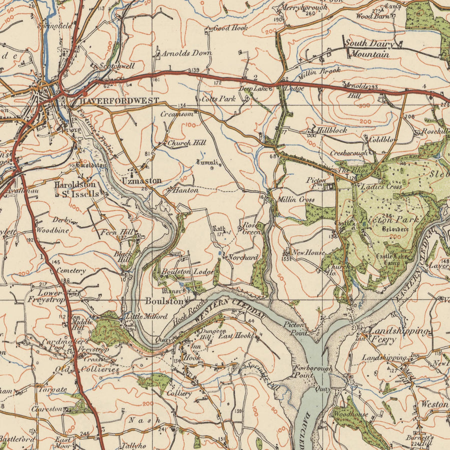 Mapa de Old Ordnance Survey, hoja 99 - Pembroke & Tenby, 1925: Neyland, Milford Haven, Haverfordwest, Narberth, Parque Nacional de la Costa de Pembrokshire