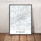Mappa della città moderna di San Gallo, Svizzera: Abbazia, Cattedrale, Università 