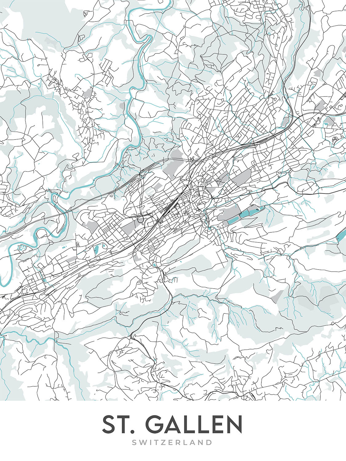 Moderner Stadtplan von St. Gallen, Schweiz: Abtei, Kathedrale, Universität