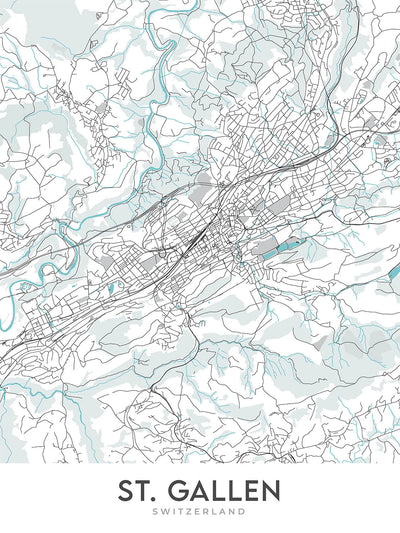 Plan de la ville moderne de Saint-Gall, Suisse : abbaye, cathédrale et université