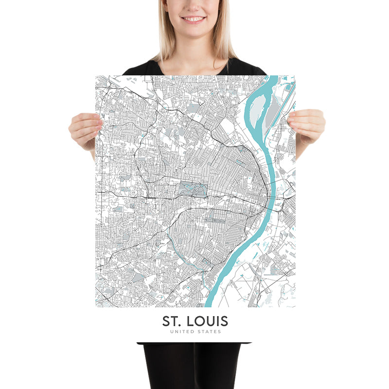 Moderne Stadtkarte von St. Louis, MO: Gateway Arch, Busch Stadium, Forest Park, Soulard, Central West End 