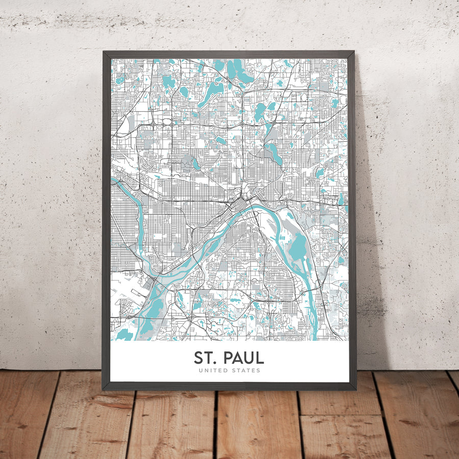 Moderne Stadtkarte von St. Paul, MN: Como Park, Highland Park, Macalester College, Minnesota State Capitol, Mississippi River 
