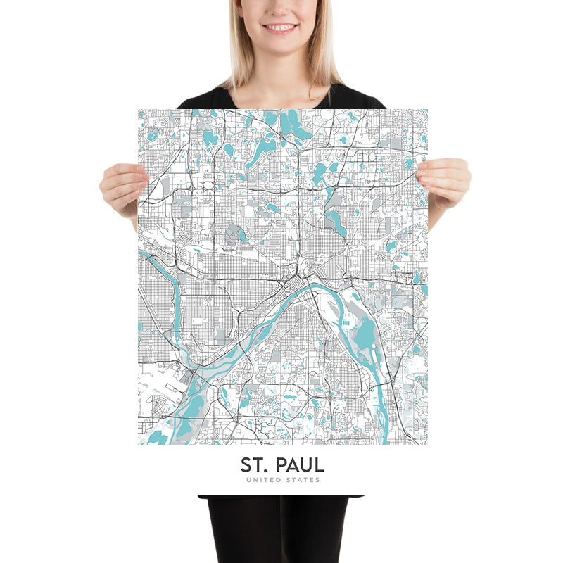 Moderne Stadtkarte von St. Paul, MN: Como Park, Highland Park, Macalester College, Minnesota State Capitol, Mississippi River 