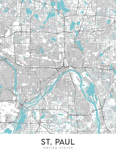 Plan de la ville moderne de St. Paul, MN : Como Park, Highland Park, Macalester College, Minnesota State Capitol, Mississippi River