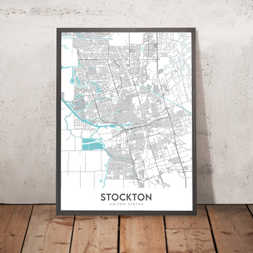 Plan de la ville moderne de Stockton, Californie : centre-ville, Université du Pacifique, Stockton Arena, I-5, SR-99