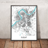 Plan de la ville moderne de Surat, Gujarat : Athwa, rivière Tapi, parc Sarthana, chemin Dumas, jardin hollandais
