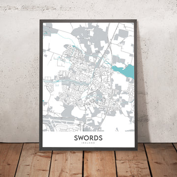 Modern City Map of Swords, Ireland: Swords Castle, Malahide Castle, Donabate Beach, Portrane Beach, Rush Beach