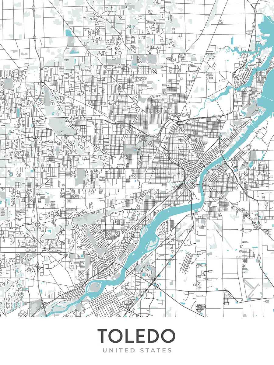 Moderne Stadtkarte von Toledo, OH: Innenstadt, Toledo Museum of Art, I-75, I-80/90, Universität von Toledo 