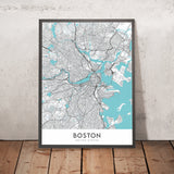 Carte moderne de la ville de Boston, MA : Back Bay, Fenway Park, Université Harvard, MIT, North End 