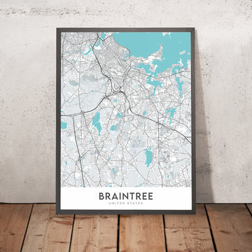 Modern City Map of Braintree, MA: Braintree Town Hall, Braintree High School, Braintree Public Library, Route 3, Route 37
