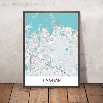 Plan de la ville moderne de Hingham, MA : port de Hingham, bout du monde, parc Bare Cove, Whitney et Thayer Woods, église Old Ship
