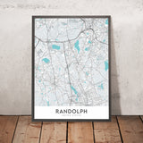 Plan de la ville moderne de Randolph, MA : hôtel de ville de Randolph, bibliothèque publique de Randolph, lycée de Randolph, Interstate 93, route 24