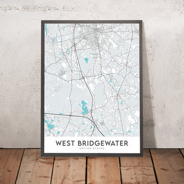 Mapa de la ciudad moderna de West Bridgewater, MA: Universidad Estatal, Bridgewater Common, Sociedad Histórica, Antiguo Ayuntamiento, Iglesia Congregacional 