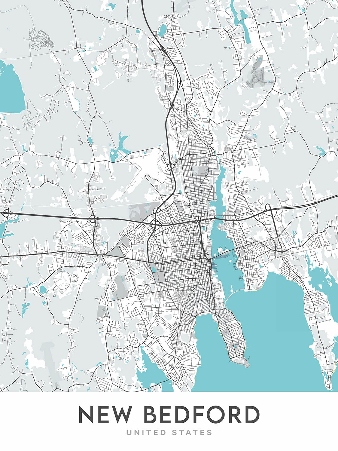 Plan de la ville moderne de New Bedford, MA : centre-ville, North End, West End, South End, East End