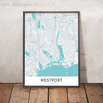 Mappa della città moderna di Westport, Massachusetts: Spiaggia di Horseneck, Municipio di Westport, Biblioteca Pubblica di Westport, Società Storica di Westport, The Point 