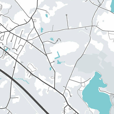 Plan de la ville moderne de Middleborough, MA : Middleborough Center, lac Assawompset, Interstate 495, rivière Nemasket, étang Assawompset
