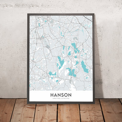 Plan de la ville moderne de Hanson, MA : Hanson Center, rivière Indian Head, lac Wampatuck, MA-27, MA-58