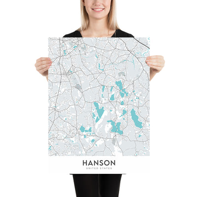 Plan de la ville moderne de Hanson, MA : Hanson Center, rivière Indian Head, lac Wampatuck, MA-27, MA-58