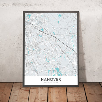 Mappa della città moderna di Hanover, MA: Centro di Hanover, Lago Argento, Route 3, Centro Commerciale di Hanover, Teatro di Hanover 