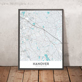 Mappa della città moderna di Hanover, MA: Centro di Hanover, Lago Argento, Route 3, Centro Commerciale di Hanover, Teatro di Hanover 