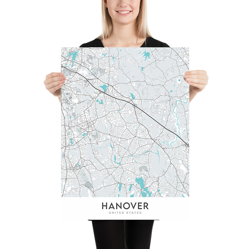 Plan de la ville moderne de Hanovre, MA : Hanover Center, Silver Lake, Route 3, Hanover Mall, Hanover Theatre