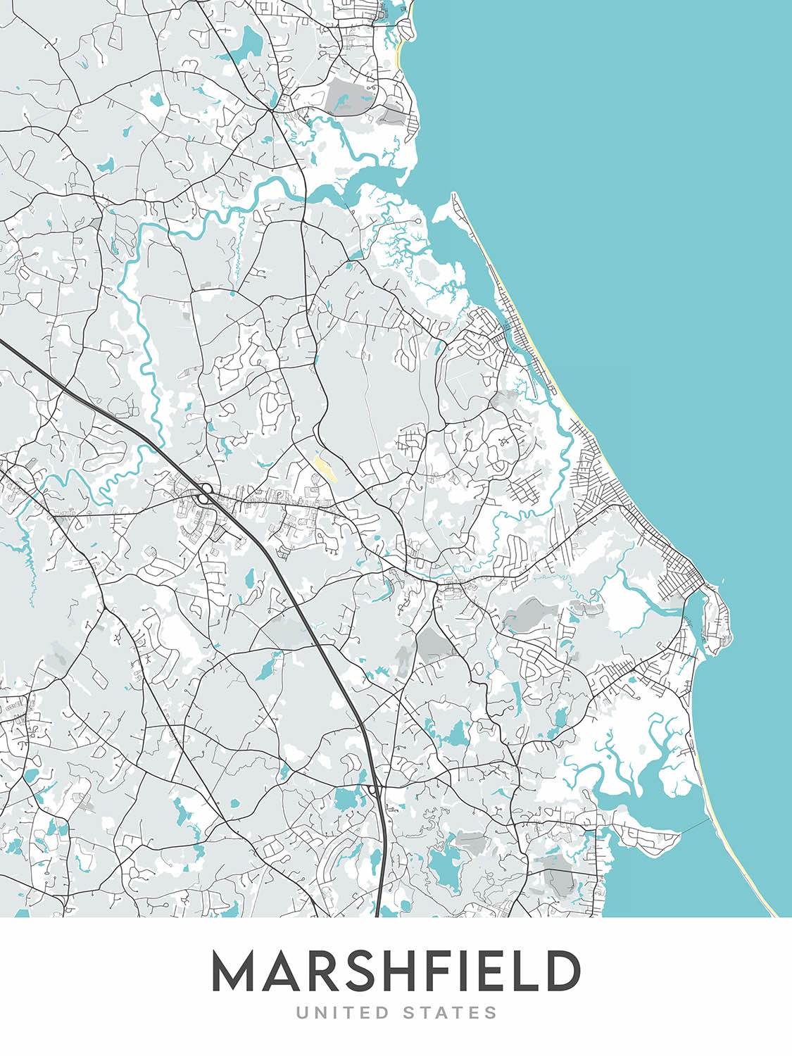 Modern City Map of Marshfield, MA: Brant Rock Beach, Daniel Webster Estate, Green Harbor Beach, Rexhame Beach, South River