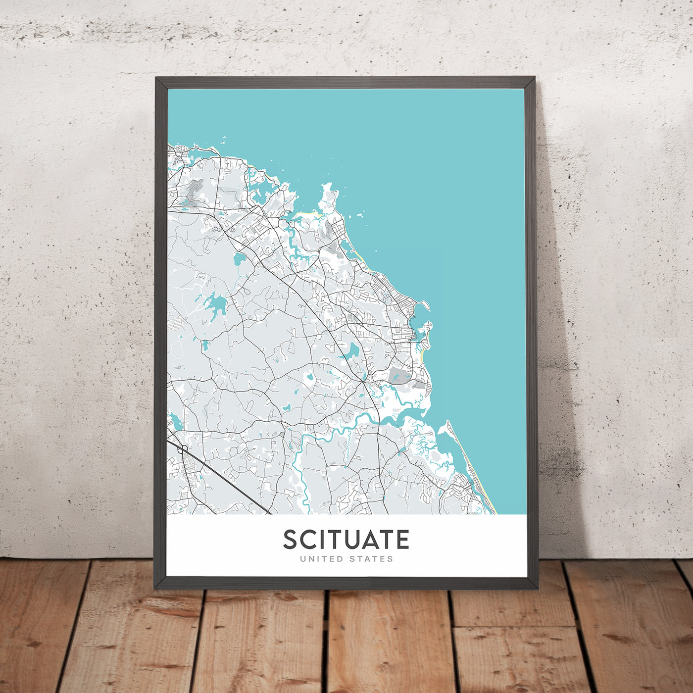 Mapa moderno de la ciudad de Scituate, MA: puerto de Scituate, tercer acantilado, playa de Egipto, torre Lawson, primera iglesia parroquial