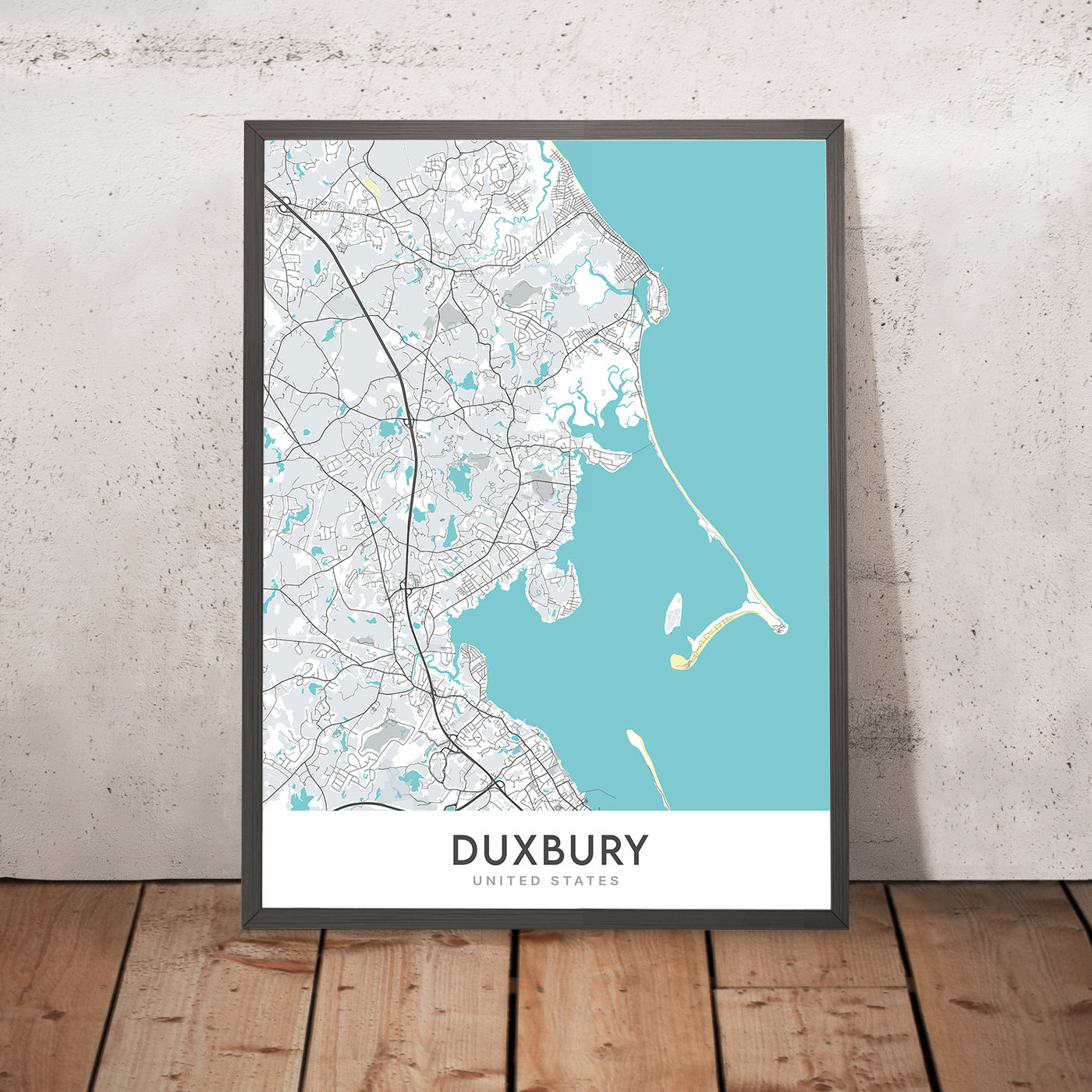 Mapa moderno de la ciudad de Duxbury, MA: Playa de Duxbury, Club de yates de Duxbury, Gurnet Point, Monumento a Myles Standish, Puente Powder Point