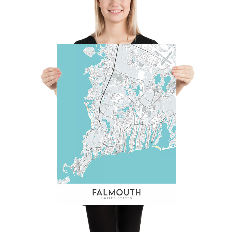 Mapa moderno de la ciudad de Falmouth, MA: puerto de Falmouth, faro de Nobska Point, institución oceanográfica Woods Hole, laboratorio de biología marina, Falmouth Heights